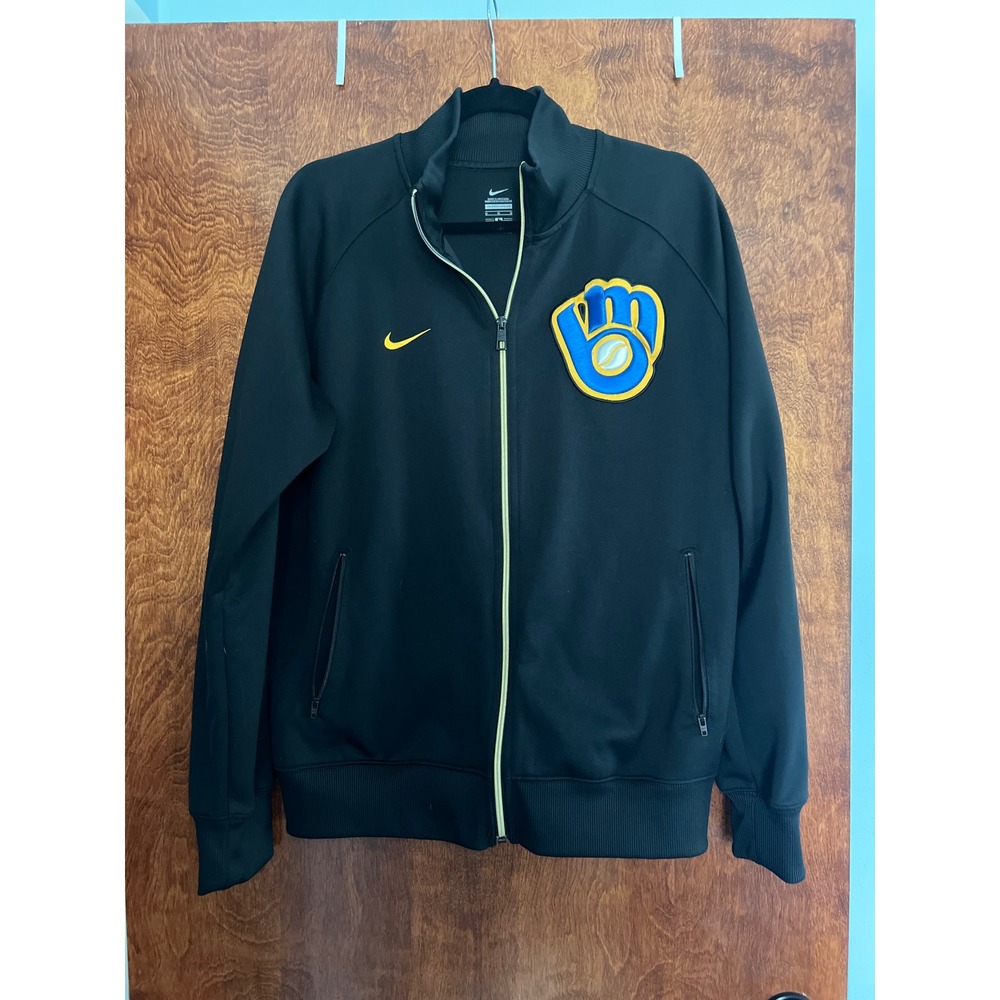 Nike Track Jacket Mens M Black Excellent Milwaukee Brewers MLB Full Zip Logo